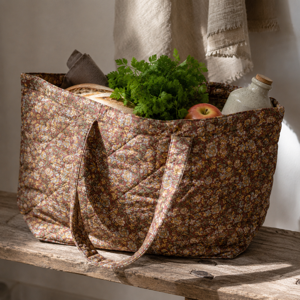 Tasche wattiert L dunkelbraun mit  Blümchenmuster