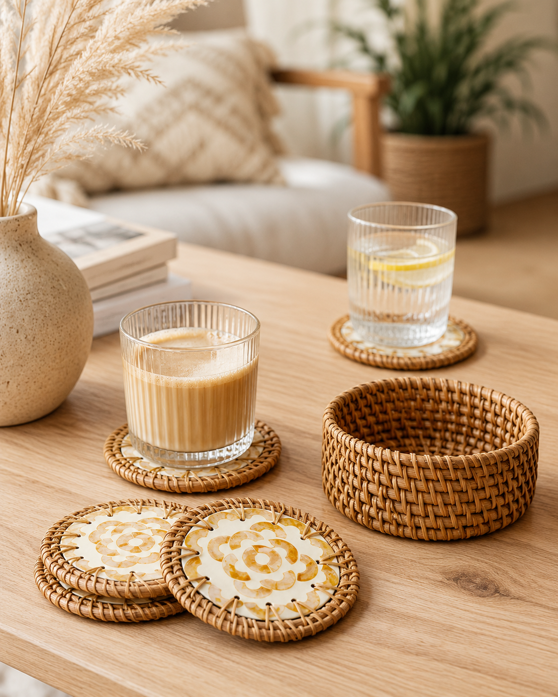 Glasuntersetzer Rattan gelb