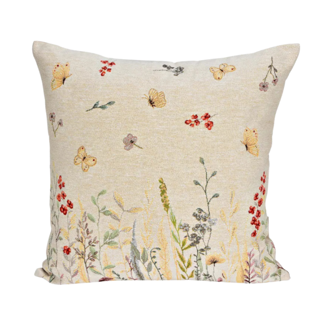 Polsterüberzug beige mit Blumen und Schmetterlingen