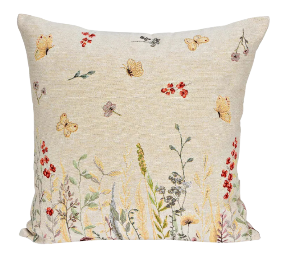 Polsterüberzug beige mit Blumen und Schmetterlingen