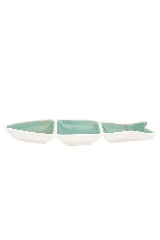 Seabreeze Servierschale in Fischform aus Keramik mit türkiser Glasur und weißen Außenwänden für Snacks und Dips