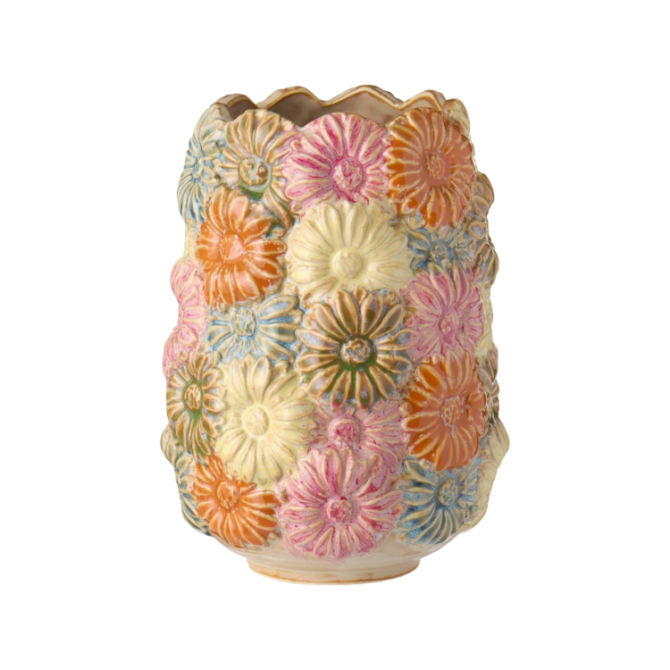 Vase mit pastellfarbenen Blumen