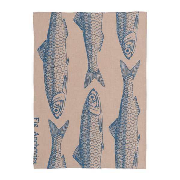 Geschirrtuch beige m/ blauen Fischen