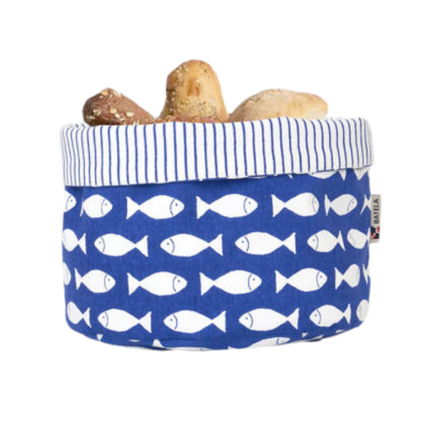 Stofftkorb blau mit weißen Fischen