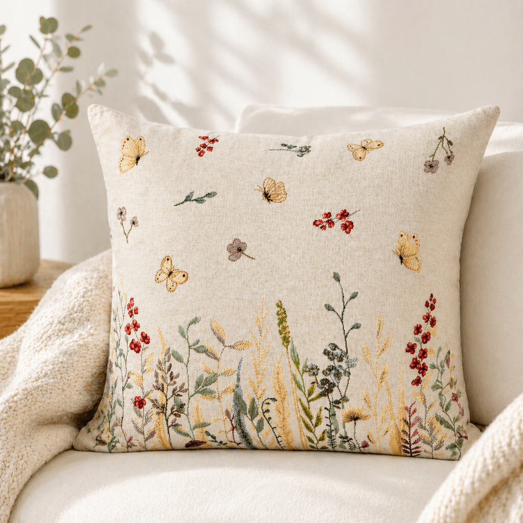 Polsterüberzug beige mit Blumen und Schmetterlingen