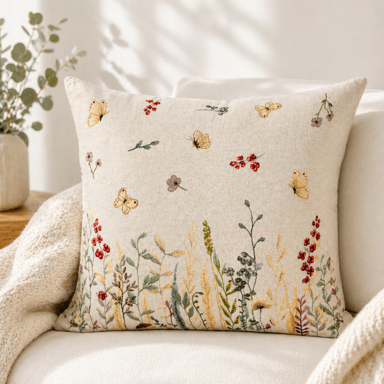 Polsterüberzug beige mit Blumen und Schmetterlingen