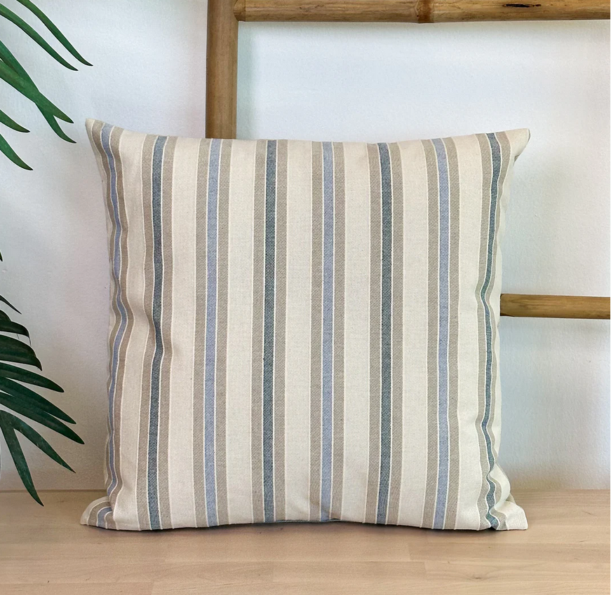 Polsterüberzug creme mit blau beigen Streifen / Rückseite einfärbig beige