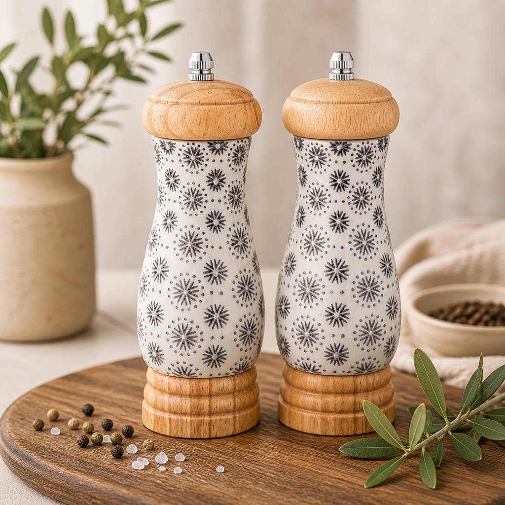 Salz & Pfeffer Set creme mit grauen Blumen