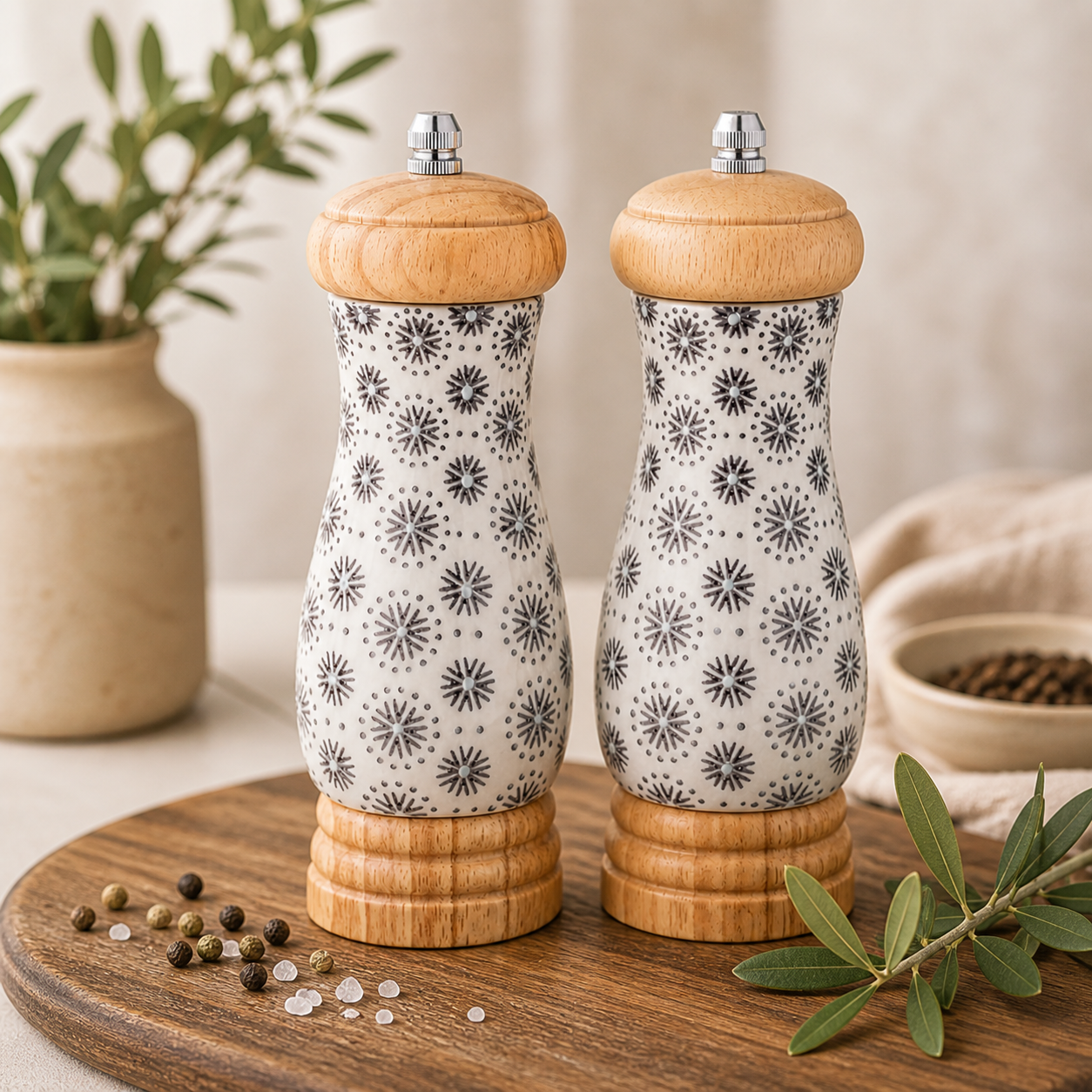 Salz & Pfeffer Set creme mit grauen Blumen