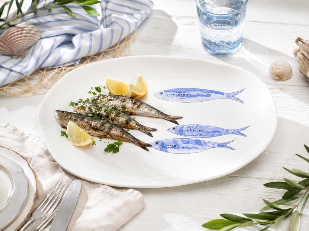 Servierteller oval mit blauen Fischen