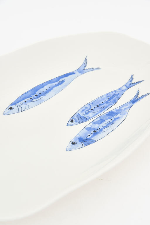 Servierteller oval mit blauen Fischen