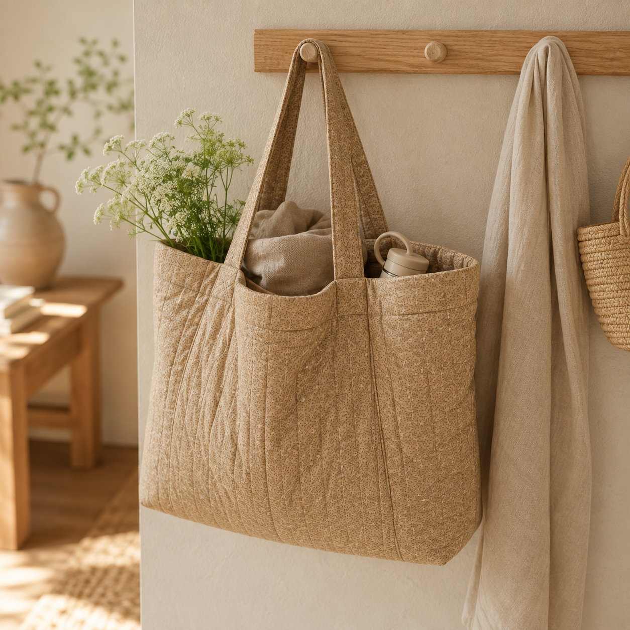 Tasche Wattiert L senffarben mit  Blümchenmuster