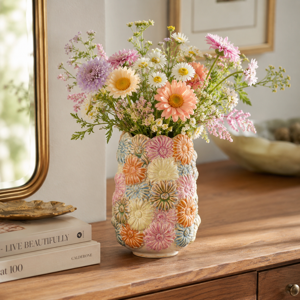 Vase mit pastellfarbenen Blumen